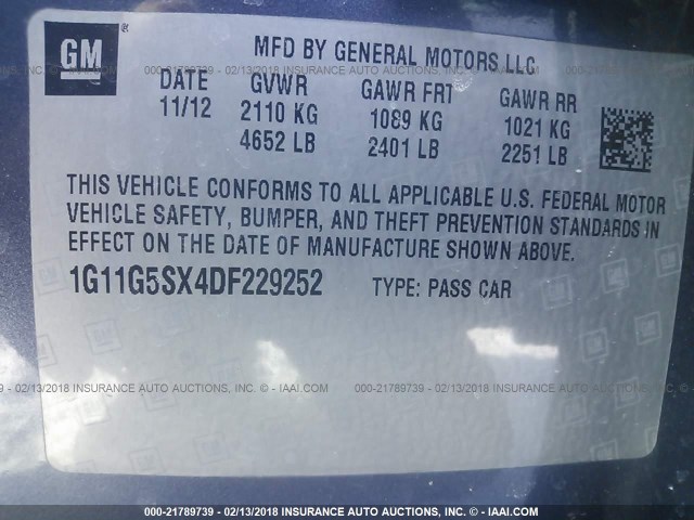 1G11G5SX4DF229252 - 2013 CHEVROLET MALIBU 3LT ლურჯი ფოტო 9