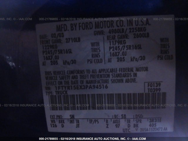 1FTYR15EX3PA94516 - 2003 FORD RANGER SUPER CAB BLUE photo 9