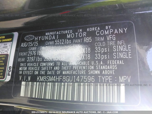 KM8SM4HF8GU147596 - 2016 HYUNDAI SANTA FE SE BLACK photo 9