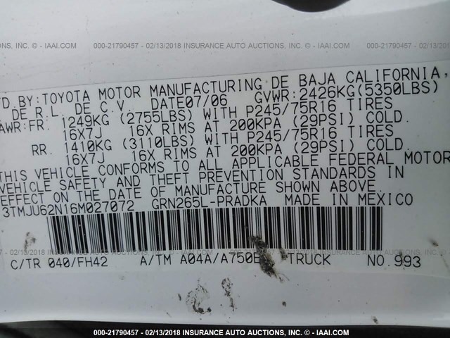 3TMJU62N16M027072 - 2006 TOYOTA TACOMA DOUBLE CAB PRERUNNER WHITE photo 9