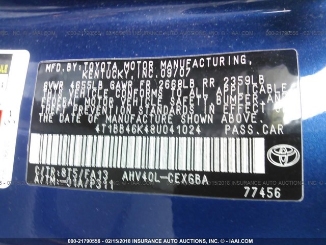 4T1BB46K48U041024 - 2008 TOYOTA CAMRY HYBRID BLUE photo 9