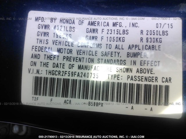 1HGCR2F59FA240735 - 2015 HONDA ACCORD SPORT 蓝色 照片 9