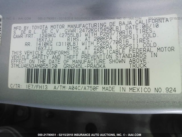 3TMLU4EN3AM055120 - 2010 TOYOTA TACOMA DOUBLE CAB ნაცრისფერი ფოტო 9