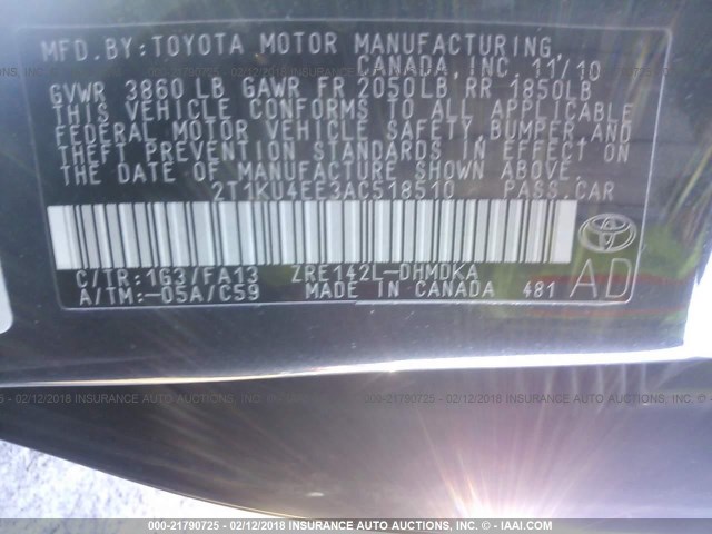 2T1KU4EE3AC518510 - 2010 TOYOTA COROLLA MATRIX  GRAY photo 9