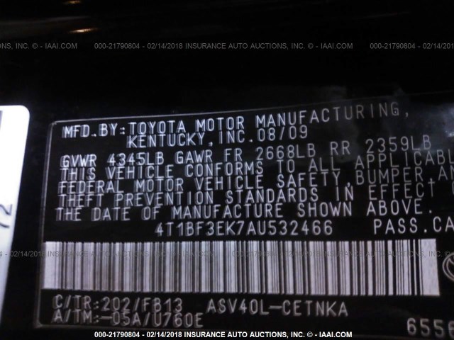 4T1BF3EK7AU532466 - 2010 TOYOTA CAMRY SE/LE/XLE BLACK photo 9