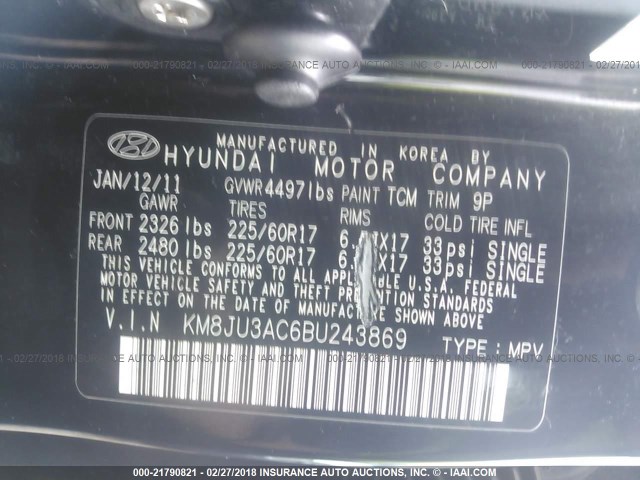 KM8JU3AC6BU243869 - 2011 HYUNDAI TUCSON GLS/LIMITED შავი ფოტო 9