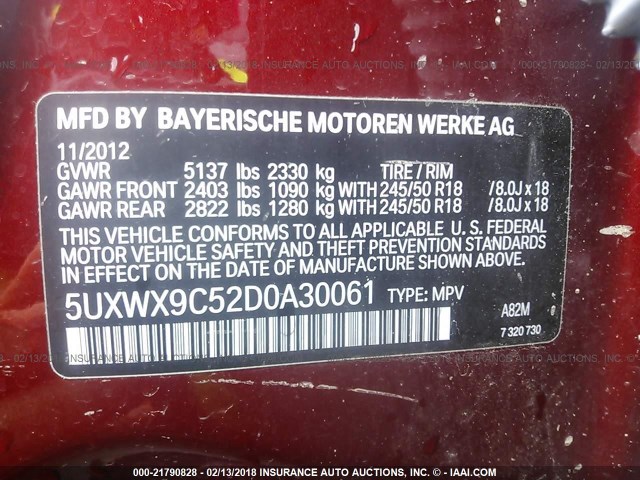 5UXWX9C52D0A30061 - 2013 BMW X3 XDRIVE28I MAROON photo 9