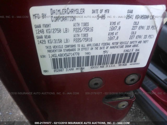 1J4GL48KX5W714770 - 2005 JEEP LIBERTY SPORT RED photo 9