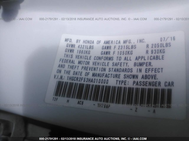 1HGCR2F53HA010000 - 2017 HONDA ACCORD SPORT 白色 照片 9