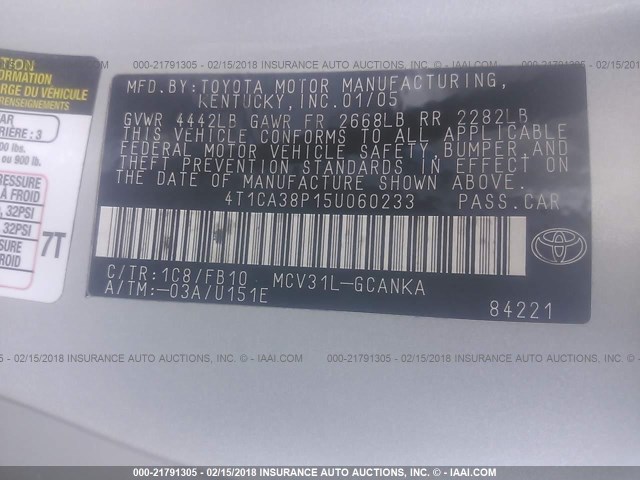 4T1CA38P15U060233 - 2005 TOYOTA CAMRY SOLARA SE/SLE ვერცხლისფერი ფოტო 9