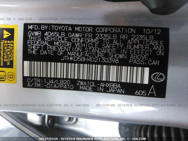 JTHKD5BH4D2130398 - 2013 LEXUS CT 200 SILVER photo 9