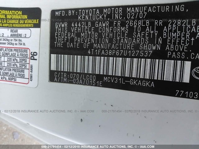 4T1FA38P67U127537 - 2007 TOYOTA CAMRY SOLARA SE/SLE Ağ foto 9