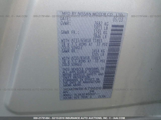 5N1AR2MN3DC679600 - 2013 NISSAN PATHFINDER S/SV/SL/PLATINUM 银色 照片 9