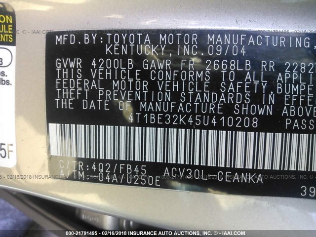 4T1BE32K45U410208 - 2005 TOYOTA CAMRY LE/XLE/SE 金色 照片 9