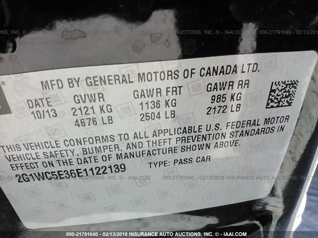 2G1WC5E36E1122139 - 2014 CHEVROLET IMPALA LIMITED LTZ BLACK photo 9