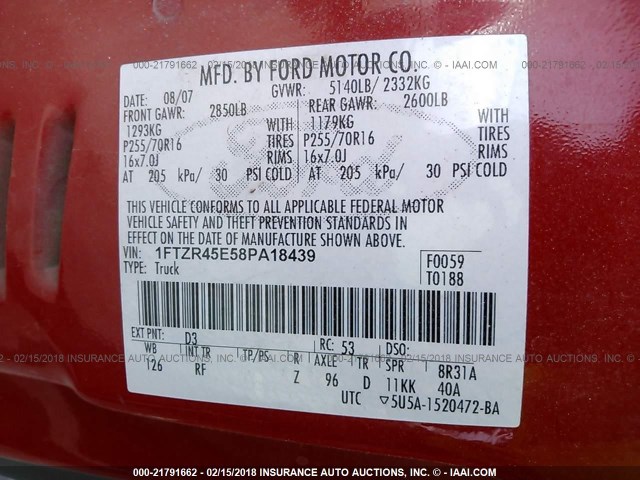 1FTZR45E58PA18439 - 2008 FORD RANGER SUPER CAB RED photo 9