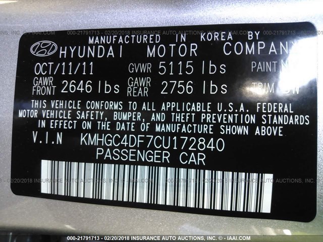 KMHGC4DF7CU172840 - 2012 HYUNDAI GENESIS 4.6L SILVER photo 9