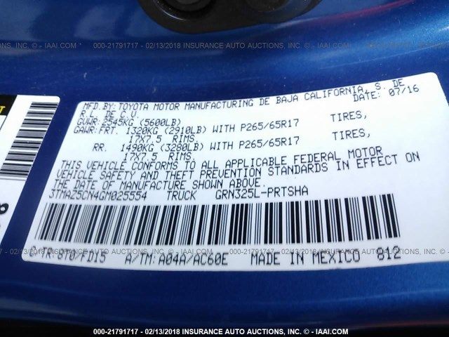 3TMAZ5CN4GM025554 - 2016 TOYOTA TACOMA DBL CAB/SR5/TRD SPORT/OR BLUE photo 9