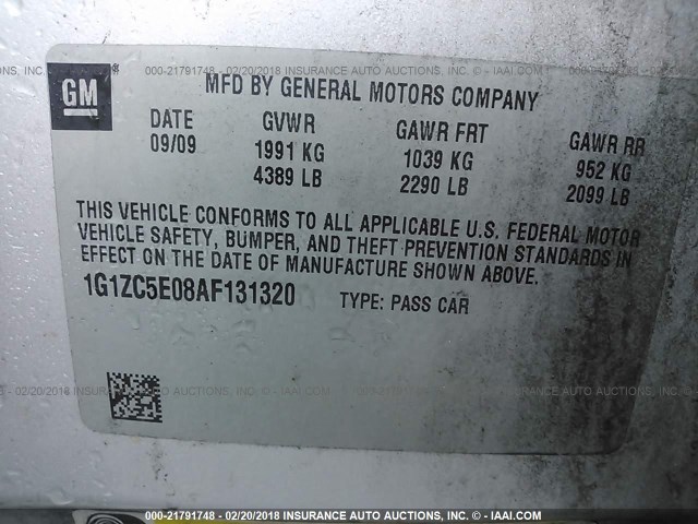 1G1ZC5E08AF131320 - 2010 CHEVROLET MALIBU 1LT SILVER photo 9