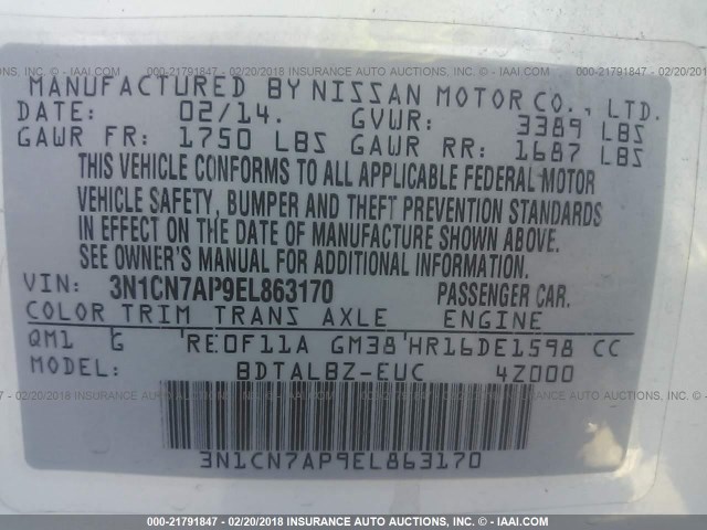 3N1CN7AP9EL863170 - 2014 NISSAN VERSA S/S PLUS/SV/SL WHITE photo 9