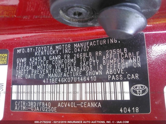 4T1BE46K07U146410 - 2007 TOYOTA CAMRY NEW GENERAT CE/LE/XLE/SE RED photo 9