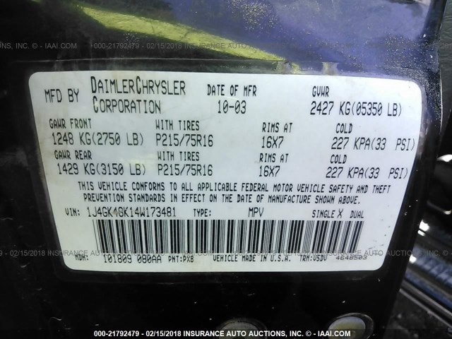 1J4GK48K14W173481 - 2004 JEEP LIBERTY SPORT 黑色 照片 9