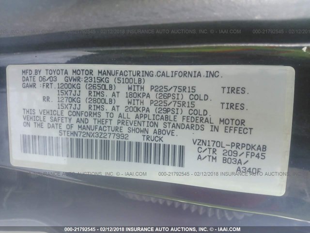 5TEHN72NX3Z277992 - 2003 TOYOTA TACOMA DOUBLE CAB 黑色 照片 9