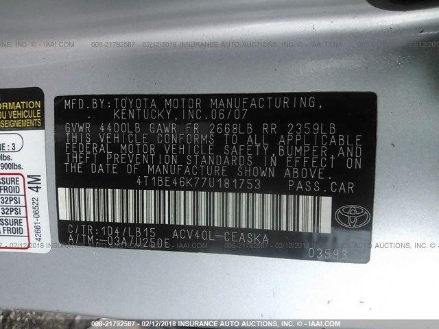 4T1BE46K77U181753 - 2007 TOYOTA CAMRY NEW GENERAT CE/LE/XLE/SE SILVER photo 9