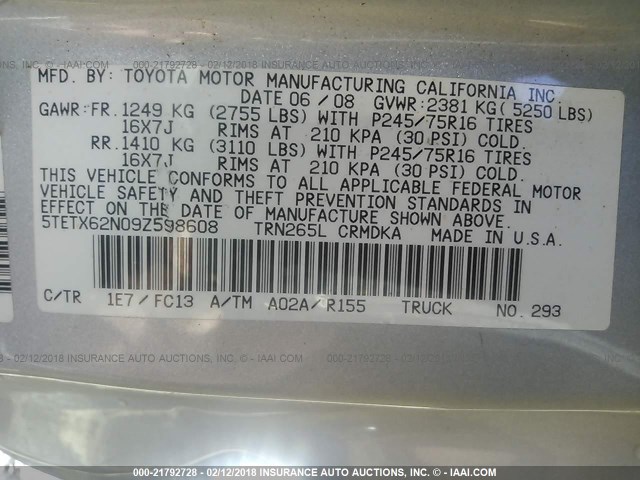 5TETX62N09Z598608 - 2009 TOYOTA TACOMA PRERUNNER ACCESS CAB SILVER photo 9