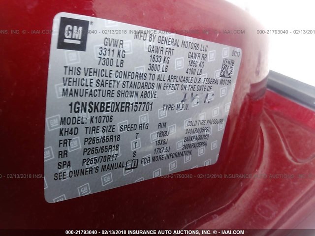 1GNSKBE0XER157701 - 2014 CHEVROLET TAHOE K1500 LT RED photo 9