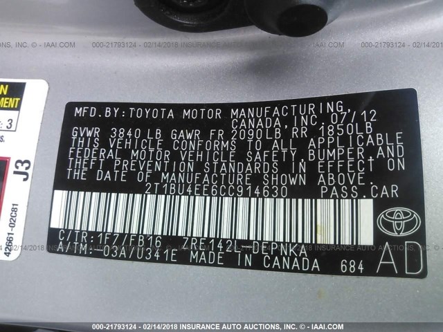 2T1BU4EE6CC914630 - 2012 TOYOTA COROLLA S/LE SILVER photo 9