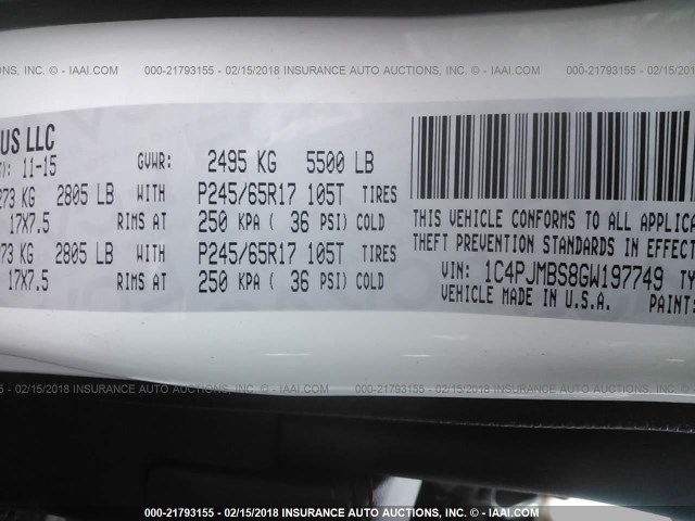 1C4PJMBS8GW197749 - 2016 JEEP CHEROKEE TRAILHAWK 白色 照片 9