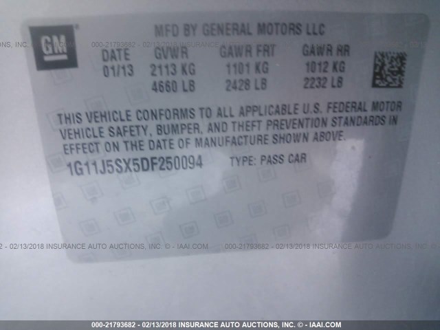 1G11J5SX5DF250094 - 2013 CHEVROLET MALIBU LTZ ვერცხლისფერი ფოტო 9