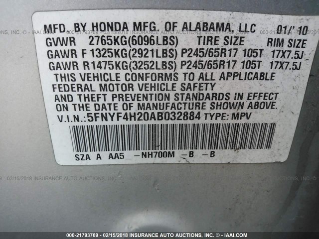 5FNYF4H20AB032884 - 2010 HONDA PILOT LX GRAY photo 9