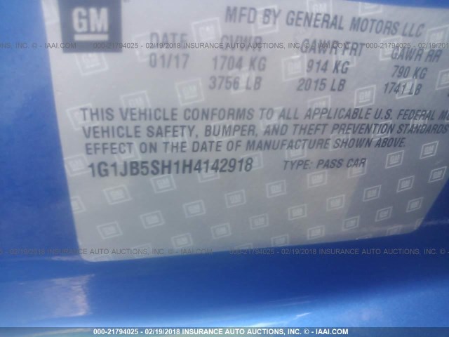 1G1JB5SH1H4142918 - 2017 CHEVROLET SONIC LS BLUE photo 9