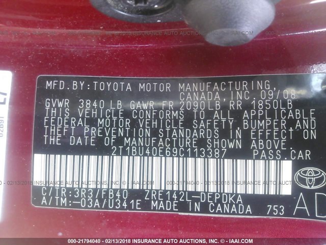 2T1BU40E69C113387 - 2009 TOYOTA COROLLA S/LE/XLE RED photo 9