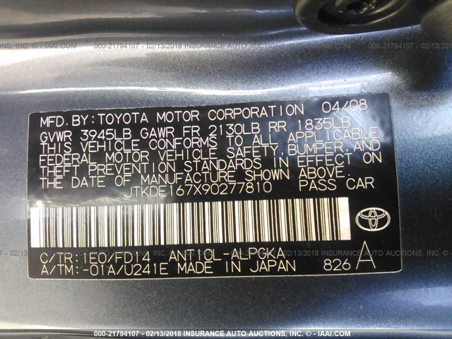 JTKDE167X90277810 - 2009 TOYOTA SCION TC 蓝色 照片 9