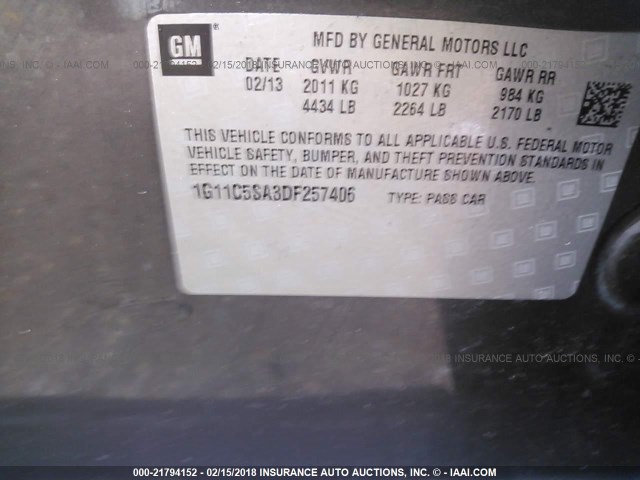 1G11C5SA3DF257406 - 2013 CHEVROLET MALIBU 1LT 灰色 照片 9