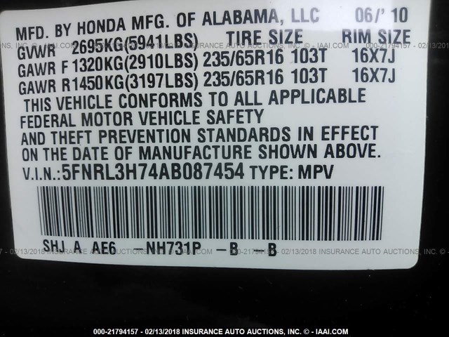 5FNRL3H74AB087454 - 2010 HONDA ODYSSEY EXL შავი ფოტო 9