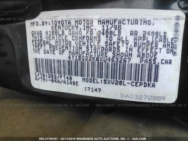 4T1BG22K0XU463267 - 1999 TOYOTA CAMRY CE/LE/XLE BLACK photo 9