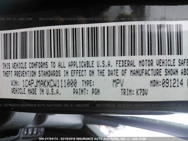 1C4PJMAKXCW111000 - 2012 JEEP LIBERTY SPORT 绿色 照片 9