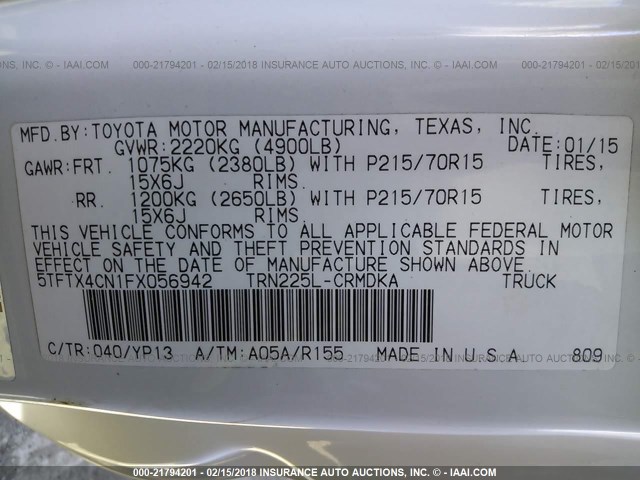 5TFTX4CN1FX056942 - 2015 TOYOTA TACOMA ACCESS CAB WHITE photo 9