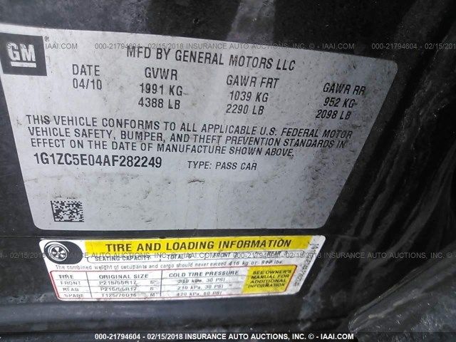 1G1ZC5E04AF282249 - 2010 CHEVROLET MALIBU 1LT 黑色 照片 9