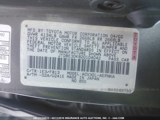 JTDBE30K820104042 - 2002 TOYOTA CAMRY LE/XLE/SE ნაცრისფერი ფოტო 9