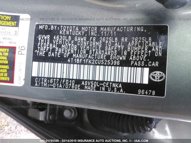 4T1BF1FK2CU525396 - 2012 TOYOTA CAMRY SE/LE/XLE GRAY photo 9