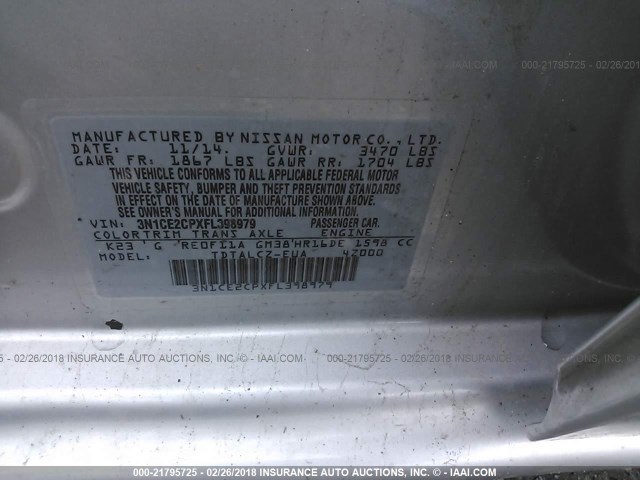 3N1CE2CPXFL398979 - 2015 NISSAN VERSA NOTE S/S PLUS/SV/SL/SR SILVER photo 9