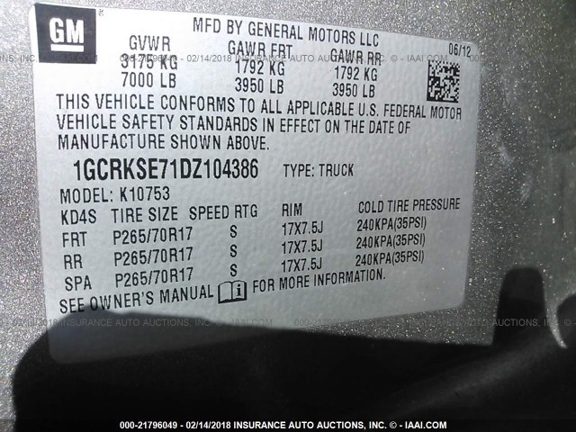 1GCRKSE71DZ104386 - 2013 CHEVROLET SILVERADO K1500 LT GRAY photo 9