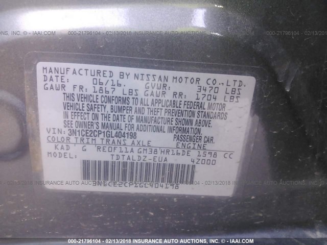 3N1CE2CP1GL404198 - 2016 NISSAN VERSA NOTE S/S PLUS/SV/SL/SR GRAY photo 9