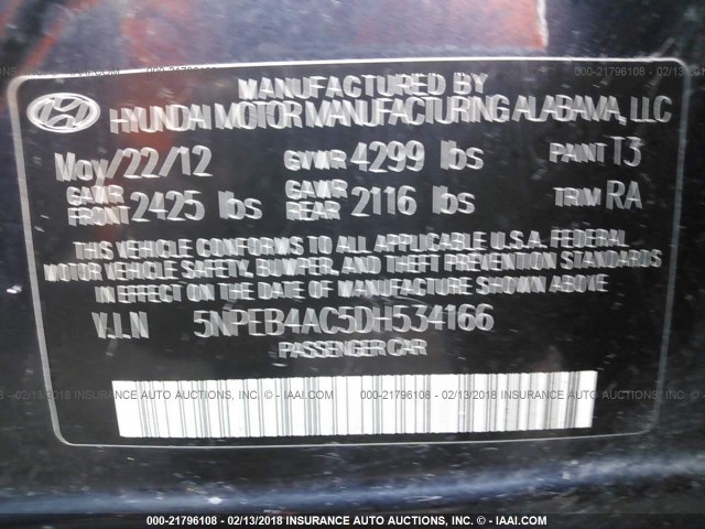 5NPEB4AC5DH534166 - 2013 HYUNDAI SONATA GLS BLUE photo 9