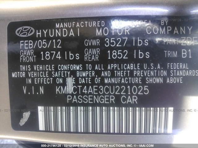 KMHCT4AE3CU221025 - 2012 HYUNDAI ACCENT GLS/GS GRAY photo 9